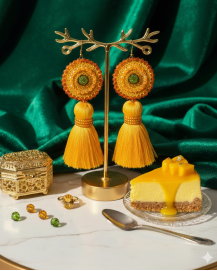 Háčkované dizajnové náušnice "Mangový Cheesecake"  